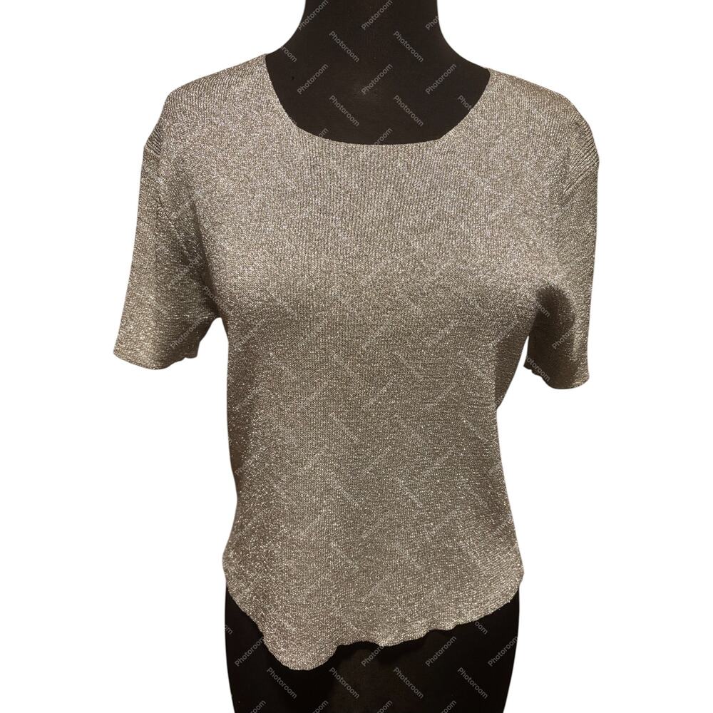 Ballinger Gold Vintage Silver Metallic Lurex Stretch Short Sleeve Knit Top Sz M